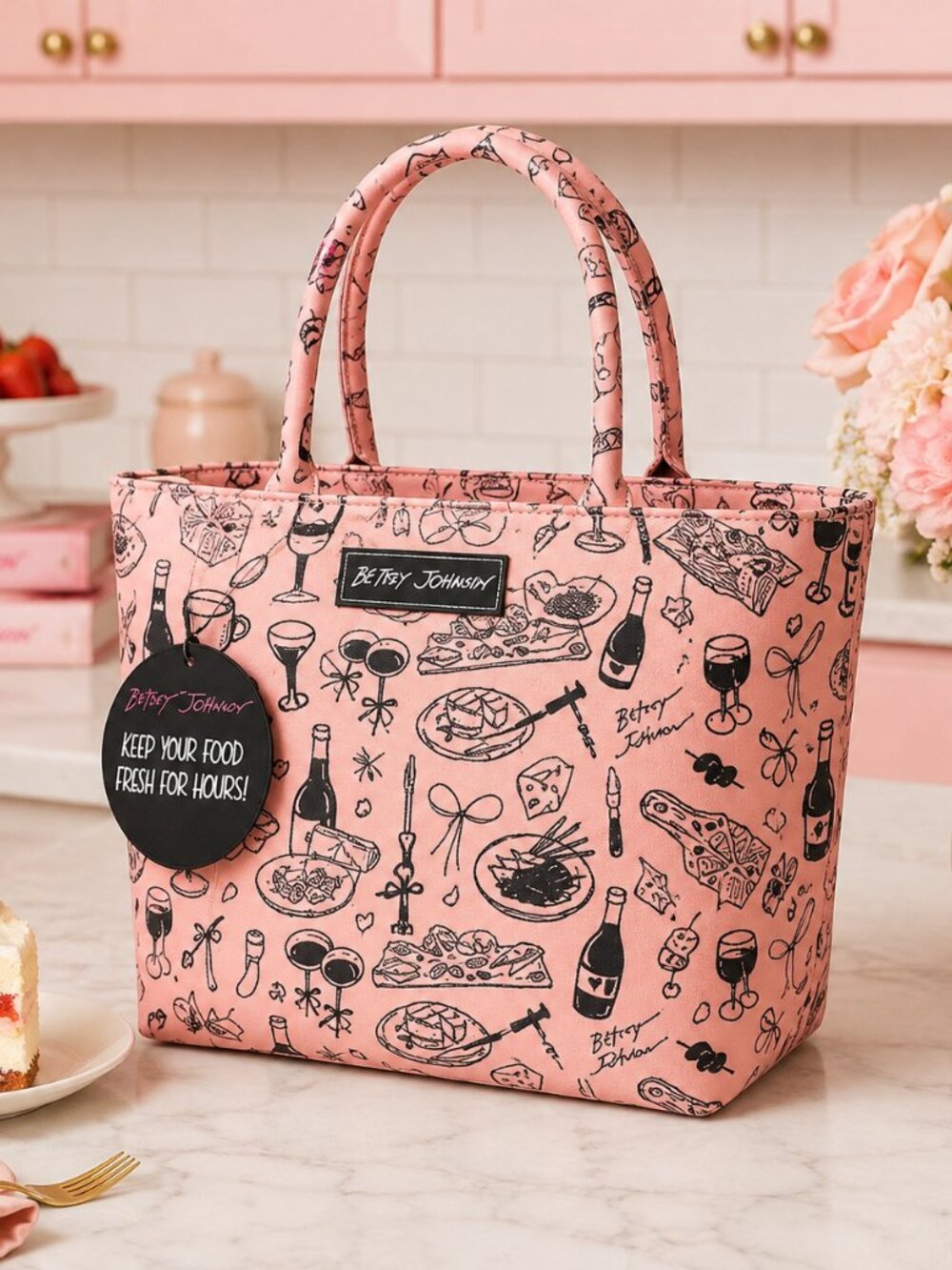Betsey Johnson Pink Food Print Insulated Lunch Tote Bag Carryall NWT